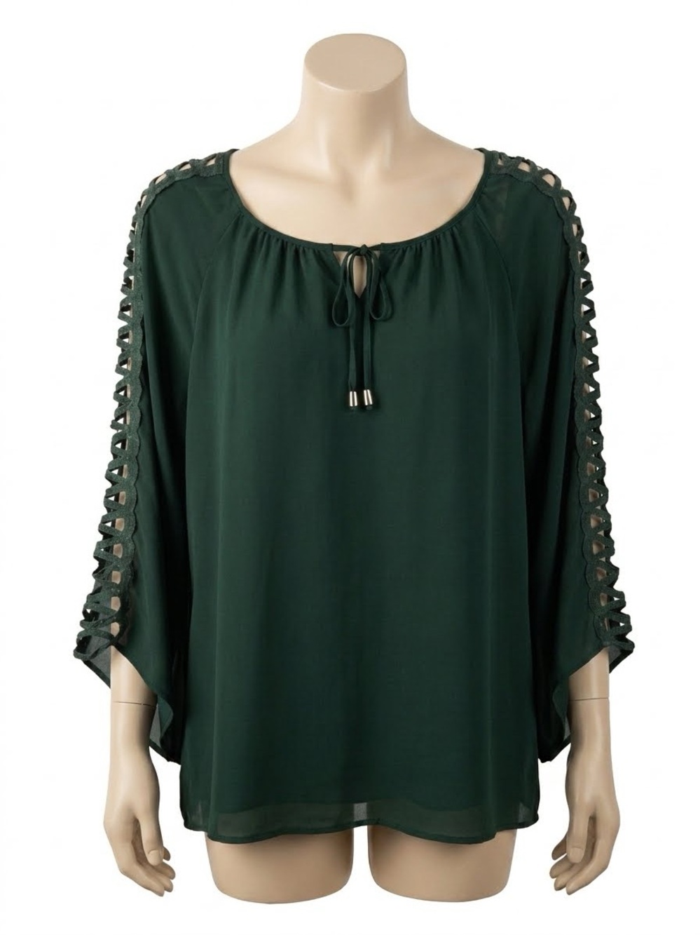 Rachel Forest Green Peasant Blouse with Lace-Trim‎ Sleeves, Size L